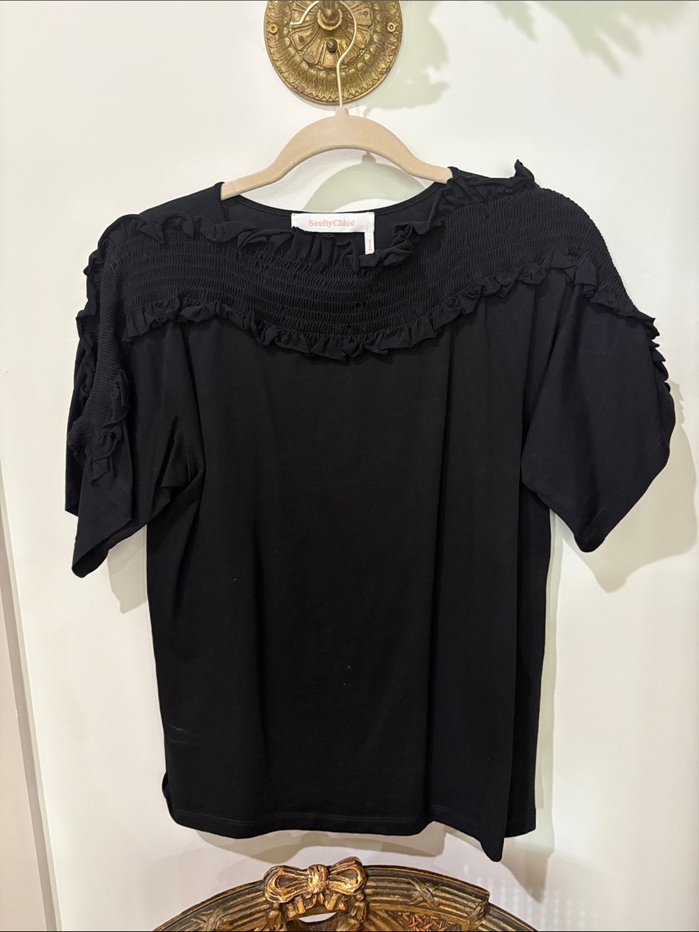 See By Chloe Black Ruffle Smocked Yoke Short Sleeve Top
